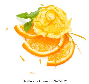  Scoop Vanilla-orange Ice Cream Scoop With Slices Of Orange Fruit Decorated With Orange Zest Isolated On White Background. 