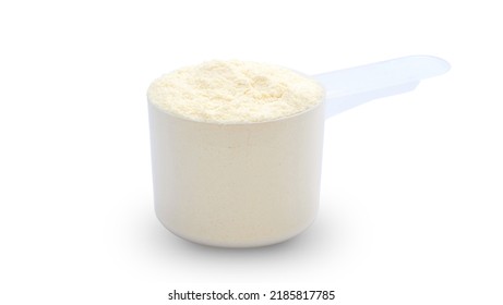 A scoop of whey protein powder on a white background.
