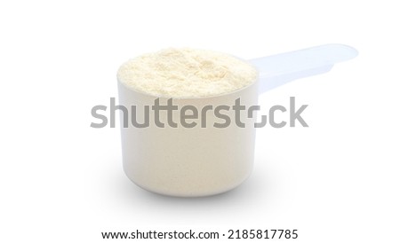A scoop of whey protein powder on a white background.