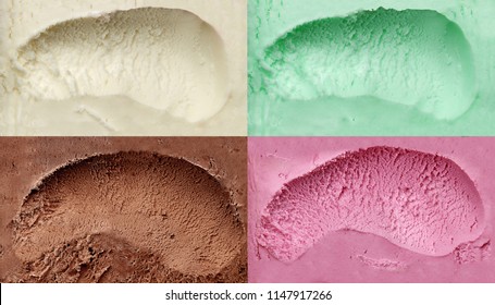 Scooped chocolate, vanilla, mint and strawberry ice cream texture background