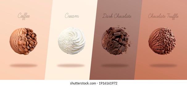 Scoops Of Ice Cream With Pieces Of Coffee, Cream, Dark Chocolate And Truffle