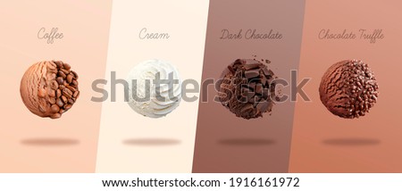 Scoops of ice cream with pieces of coffee, cream, dark chocolate and truffle