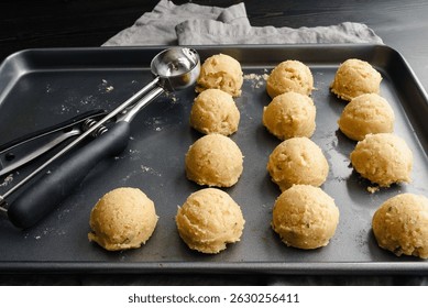 Cucharadas de masa de galletas de azúcar en una bandeja: bandeja para hornear antiadherente con bolas de masa de galletas y una cucharada de galletas