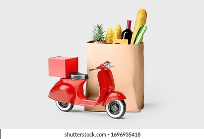 Scooter of delivery service for delivery app. Food market online shop. Food delivery background concept. 