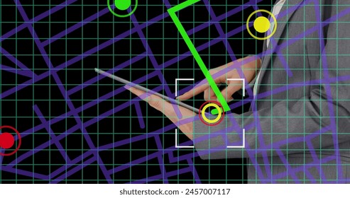 Scope over navigation map line scheme against mid section of businessman using a digital tablet. gps and navigation concept