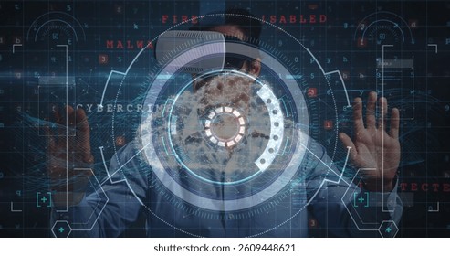 Scope scanning over data processing against man wearing vr headset touching futuristic screen. computer interface and technology concept