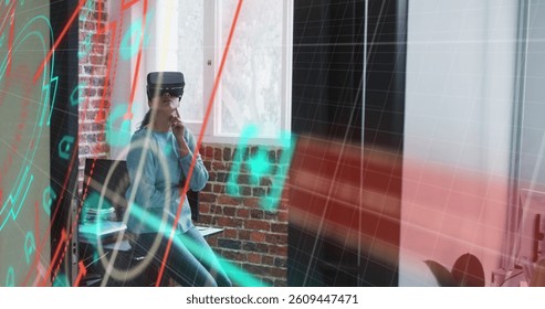 Scope scanning over grid network against caucasian woman wearing vr headset at office. computer interface and technology concept