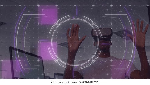 Scope scanning over grid network against african american man wearing vr headset at office. computer interface and technology concept