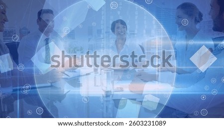 Scope scanning over network of digital icons against businesspeople shaking hands at office. teamwork and business technology concept