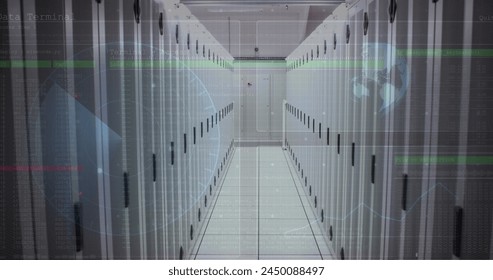 Scope scanning, spinning globe and data processing against empty computer server room. Business data storage technology concept
