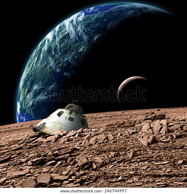A scorched space capsule\
lies abandoned on a barren moon. A sister moon and Earth-like\
planet rise in the background. - Elements of this image furnished\
by NASA.