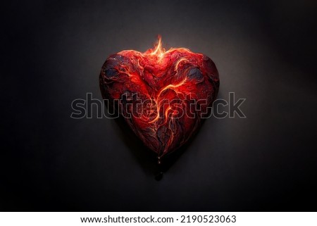 Scorching fire in the shape of a heart. Beautiful heart made of fiery lava. Flame symbol of love. An unusual gift for Valentine's Day.