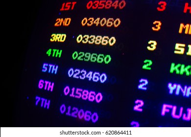 Score overview detail on an old vintage video arcade game with colorful results from first to seventh player, each colored with different color - Powered by Shutterstock - Get 15% off with code: PIKWIZARD15