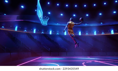 Gol ganador de puntuación. Joven, jugador profesional de baloncesto con uniforme amarillo saltando, lanzando pelota a la canasta en el estadio 3D con linternas. Concepto de deporte, competencia, acción y movimiento