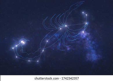La constelación de Escorpio se asoma en el espacio exterior con forma de escorpión en líneas. Líneas de constelación de Signo Zodiaco Escorpio. Elementos de esta imagen fueron amueblados por la NASA