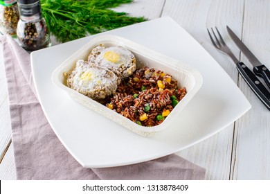 Scotch Eggs With Beef And Brown Rice, Prepared Frozen Meal, Container Tv Dinner. Microwave Meals Ready To Heat Up