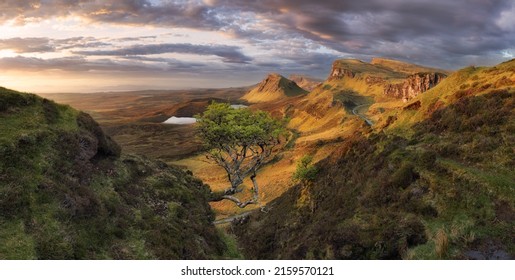 Scotland - Beautiful Summer Sunrise Mountain Landscape Over The Quiraing And It's Steep Winding Mountain Road, On The Isle Of Skye, UK