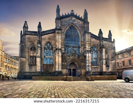 Scotland, Edinburgh - gothic architecture of St, Giles' Cathedral against sunrise Old Town.