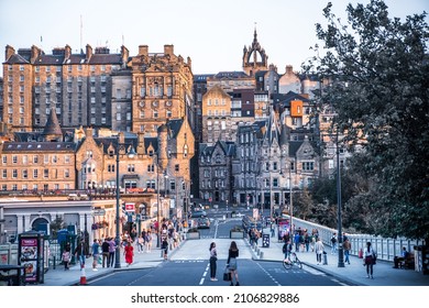Scotland, Edinburgh, UK - August 25, 2021: Edinburgh city centre view from the Princess street at sunset