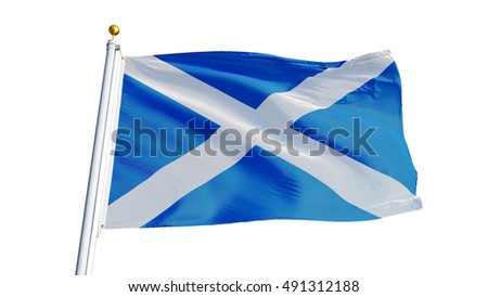 Scotland flag waving on white background, close up, isolated with clipping path mask alpha channel transparency