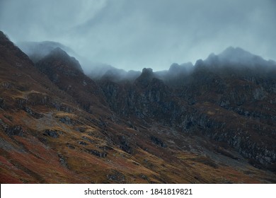 Scotland Mountains Covered With Clouds. Scenic Landscape Dramatic Autumn Season View