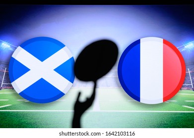 Scotland vs France, Six nations Rugby match, Rugby ball in hand silhouette - Powered by Shutterstock