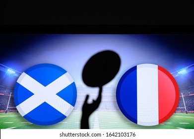 Scotland vs France, Six nations Rugby match, Rugby ball in hand silhouette - Powered by Shutterstock