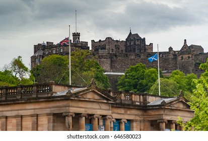 Scottish And British Flags On The Top Of National Gallery Of Scotland.