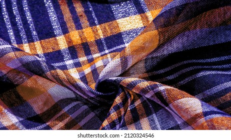 Scottish fabric culottes, blue and white, yellow, texture background, pattern