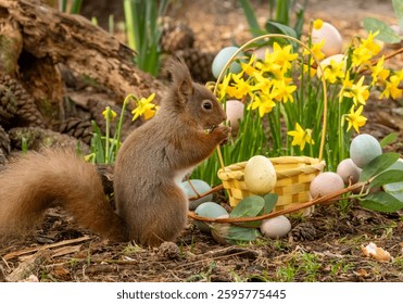 Scottish red squirrel in an easter scene in the woodland in spring 