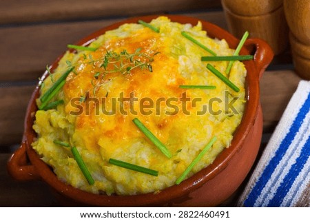 Scottish Rumbledethumps made of mashed potatoes, swede, savoy cabbage and cheddar cheese