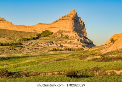 Scotts Bluff National  Monument In Nebraska, Spring Scenery In Sunset Light