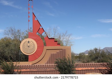 Scottsdale, Ariz.  USA - January 28, 2022: ON SRPMIC Land, Traffic Signs Carry Updated Symbols Designed By Salt River Pima–Maricopa Indian Community To Honor Their Heritage. 2I9A9103