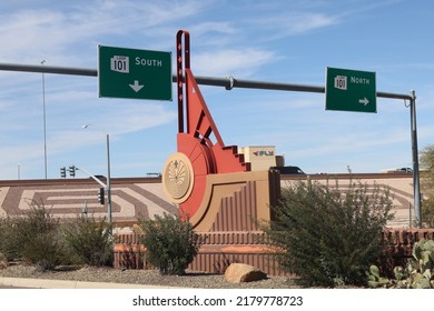 Scottsdale, Ariz.  USA - January 28, 2022: ON SRPMIC Land, Traffic Signs Carry Updated Symbols Designed By Salt River Pima–Maricopa Indian Community To Honor Their Heritage. 2I9A9094