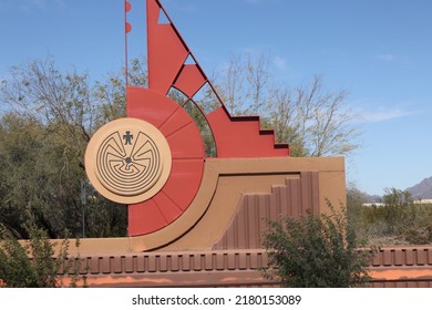 Scottsdale, Ariz.  USA - January 28, 2022: On SRPMIC Land, Traffic Signs Carry Updated Symbols Designed By Salt River Pima–Maricopa Indian Community To Honor Their Heritage. 2I9A9102