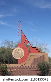 Scottsdale, Ariz.  USA - January 28, 2022: On SRPMIC Land, Traffic Signs Carry Updated Symbols Designed By Salt River Pima–Maricopa Indian Community To Honor Their Heritage. 2I9A9100