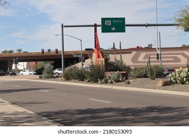 Scottsdale, Ariz.  USA - January 28, 2022: On SRPMIC Land, Traffic Signs Carry Updated Symbols Designed By Salt River Pima–Maricopa Indian Community To Honor Their Heritage. 2I9A9090