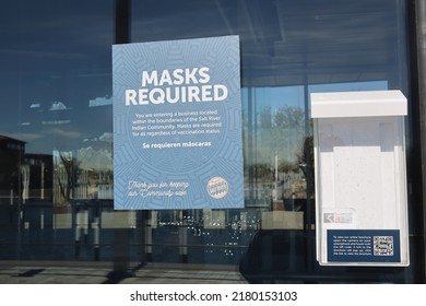 Scottsdale, Ariz.  USA - January 28, 2022: Salt River Pima–Maricopa Indian Community Uses Signs For Safety Measures Like Face Masks And Social Distancing To Protect Guests From Covid-19. 2I9A9061