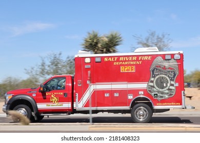 Scottsdale, Ariz.  USA - January 28, 2022: Salt River Pima–Maricopa Indian Community Fire And Ambulance Vehicles Respond To An Emergency. 2I9A9078