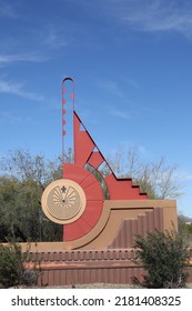 Scottsdale, Ariz.  USA - January 28, 2022: On SRPMIC Land, Traffic Signs Carry Updated Symbols Designed By Salt River Pima–Maricopa Indian Community To Honor Their Heritage. 2I9A9101