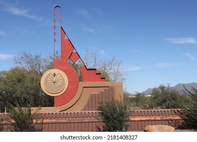 Scottsdale, Ariz.  USA - January 28, 2022: On SRPMIC Land, Traffic Signs Carry Updated Symbols Designed By Salt River Pima–Maricopa Indian Community To Honor Their Heritage. 2I9A9096