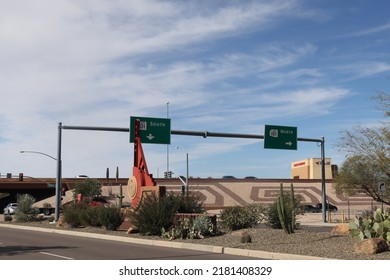 Scottsdale, Ariz.  USA - January 28, 2022: On SRPMIC Land, Traffic Signs Carry Updated Symbols Designed By Salt River Pima–Maricopa Indian Community To Honor Their Heritage. 2I9A9092