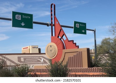 Scottsdale, Ariz.  USA - January 28, 2022: On SRPMIC Land, Traffic Signs Carry Updated Symbols Designed By Salt River Pima–Maricopa Indian Community To Honor Their Heritage. 2I9A9095