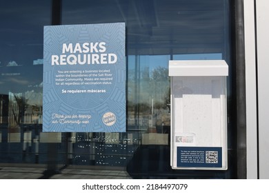 Scottsdale, Ariz.  USA - January 28, 2022: Salt River Pima–Maricopa Indian Community Uses Signs For Safety Measures Like Face Masks And Social Distancing To Protect Guests From Covid-19. 2I9A9060