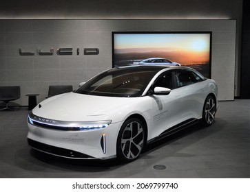 Scottsdale Arizona - October 14 2021: Lucid Motors Air Dream Edition Luxury  Electric car and it's technology on display in Lucid Studio Showroom