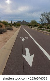 Scottsdale, Arizona / USA March 20, 2019:Bike Lane Sign On The Asphalt Road In Troon