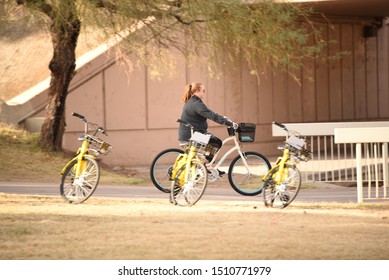  Scottsdale AZ 01/10/2018 Woman Riding A Bike Through Scottsdale Park Also Bike Rental Bikes 