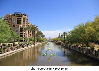 SCOTTSDALE, AZ - APRIL 11: The SRP Canal In Oldtown Scottsdale On April 11, 2014 In Scottsdale, AZ. Oldtown Scottsdale Is Famous For Its Top-notch Art Scene, Nightlife, And Upscale Shopping.