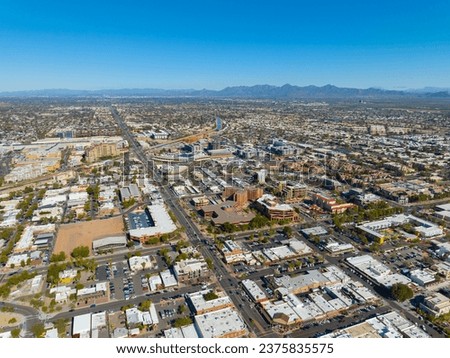 Scottsdale city center aerial view on Scottsdale Road at Main Street with Arizona Canal and McDowell Mountain at the background in city of Scottsdale, Arizona AZ, USA. 