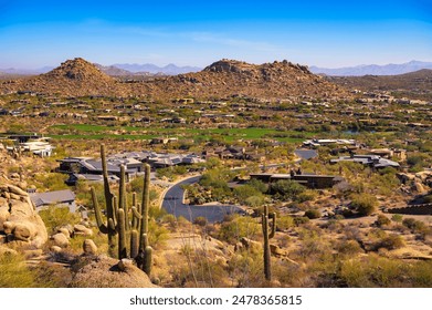 Scottsdale viewed from Pinnacle Peak trail in Arizona. Pinnacle Peak Park is a 150-acre desert park near Phoenix, Arizona, known for its prominent granite summit and scenic hiking trails.